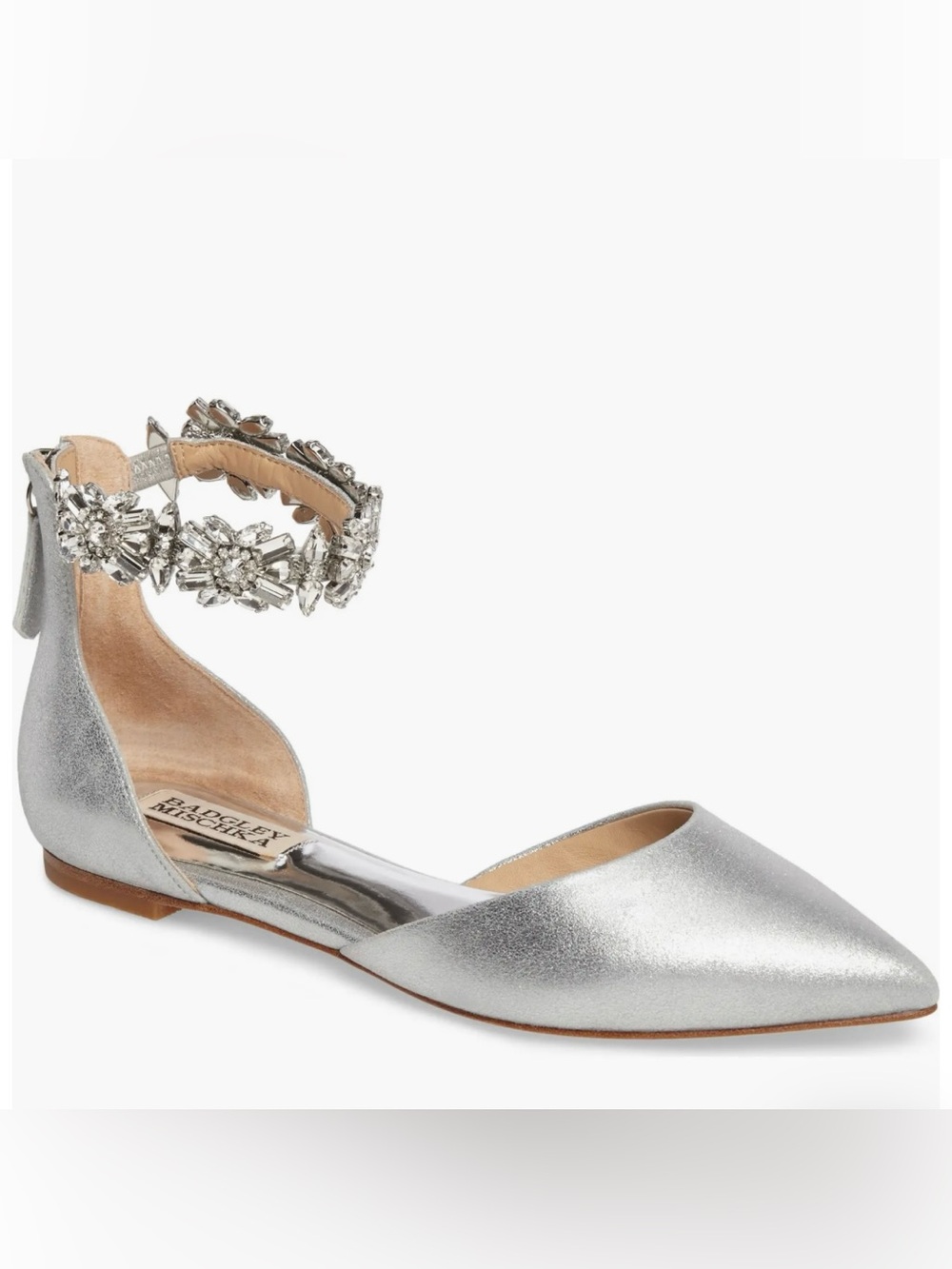 Badgley Mischka Morgen Silver Crystal Ankle Strap Pointed Toe Flats Size 8.5